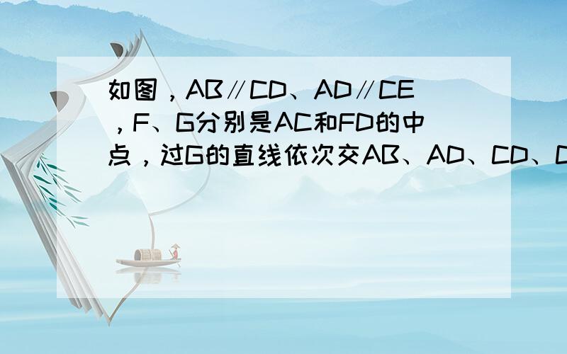 如图，AB∥CD、AD∥CE，F、G分别是AC和FD的中点，过G的直线依次交AB、AD、CD、CE于点M、N、P、Q，