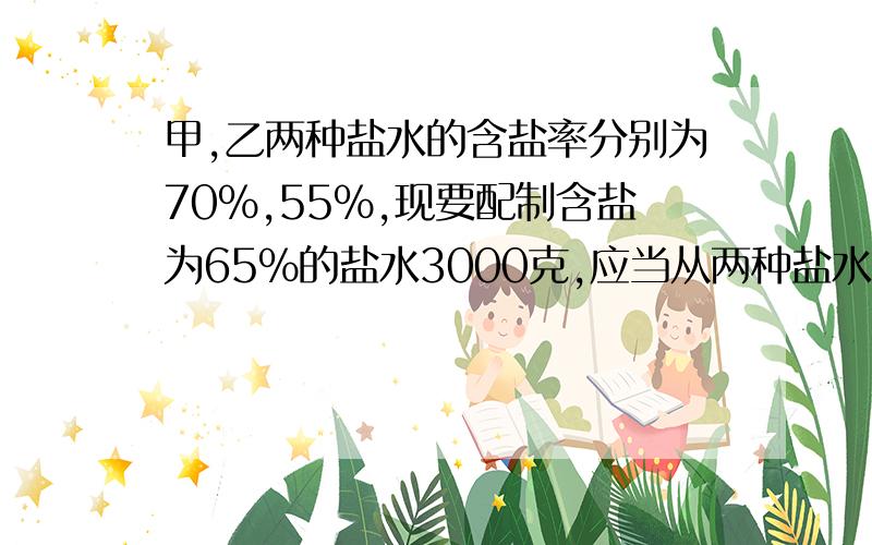 甲,乙两种盐水的含盐率分别为70%,55%,现要配制含盐为65%的盐水3000克,应当从两种盐水中各取多少?