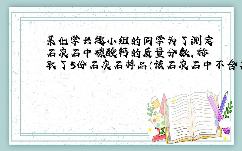 某化学兴趣小组的同学为了测定石灰石中碳酸钙的质量分数，称取了5份石灰石样品（该石灰石中不含其他碳酸盐），分别加入过量的稀