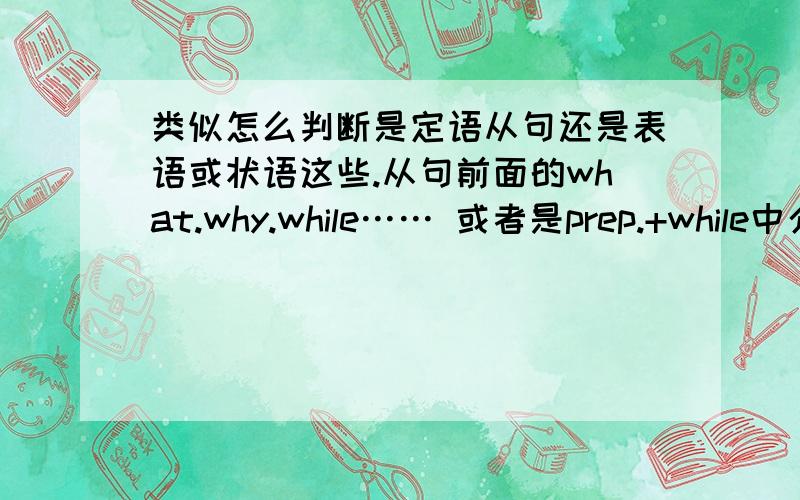 类似怎么判断是定语从句还是表语或状语这些.从句前面的what.why.while…… 或者是prep.+while中介词