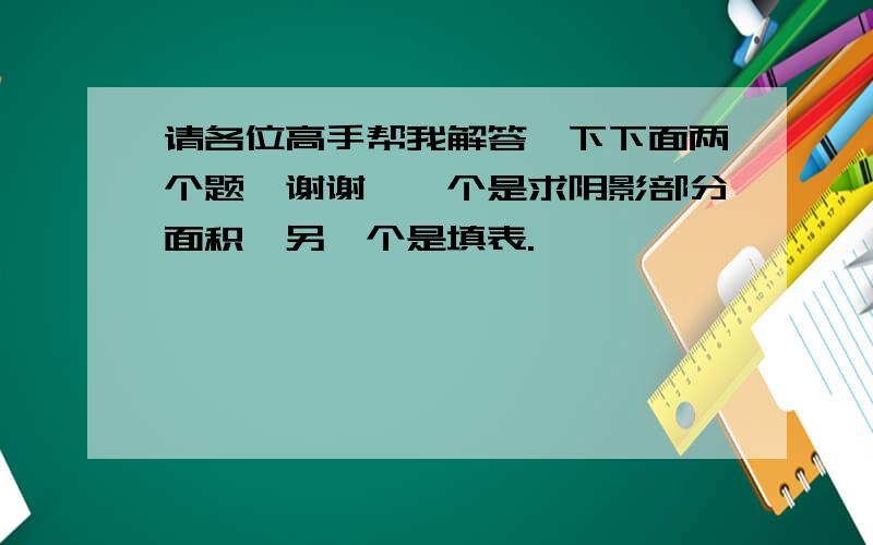 请各位高手帮我解答一下下面两个题,谢谢,一个是求阴影部分面积,另一个是填表.