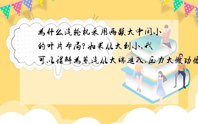 为什么汽轮机采用两头大中间小的叶片布局?如果从大到小,我可以理解为蒸汽从大端进入,压力大做功依次递减,最后由小叶片做功最