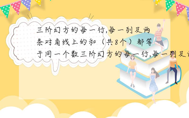 三阶幻方的每一行,每一列及两条对角线上的和（共8个）都等于同一个数三阶幻方的每一行,每一列及两条对角线上的和（共8个）都