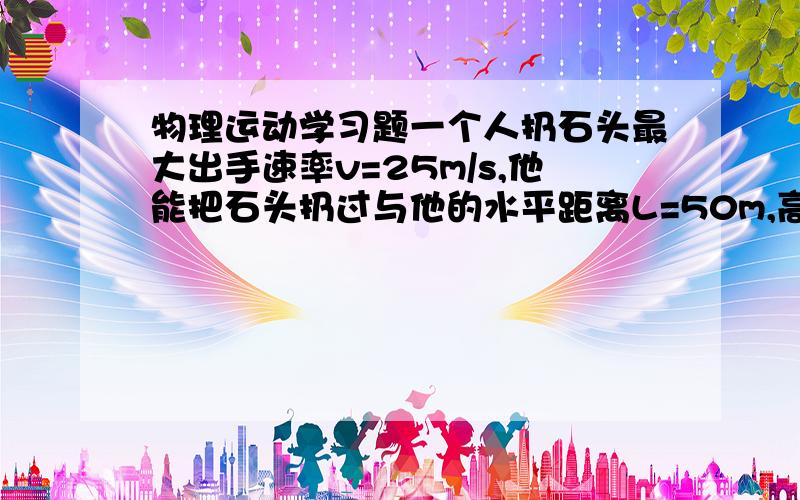 物理运动学习题一个人扔石头最大出手速率v=25m/s,他能把石头扔过与他的水平距离L=50m,高h=13m的一座墙吗?在