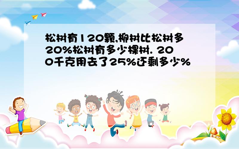 松树有120颗,柳树比松树多20%松树有多少棵树. 200千克用去了25%还剩多少%