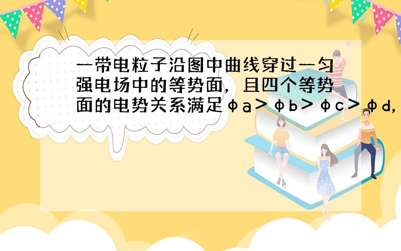 一带电粒子沿图中曲线穿过一匀强电场中的等势面，且四个等势面的电势关系满足φa＞φb＞φc＞φd，若不计粒子所受重力，则（