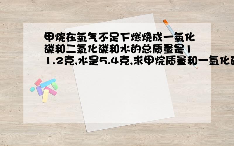 甲烷在氧气不足下燃烧成一氧化碳和二氧化碳和水的总质量是11.2克,水是5.4克,求甲烷质量和一氧化碳的质量