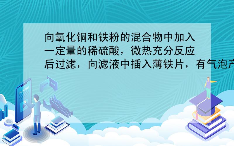 向氧化铜和铁粉的混合物中加入一定量的稀硫酸，微热充分反应后过滤，向滤液中插入薄铁片，有气泡产生.则以下判断正确的是（