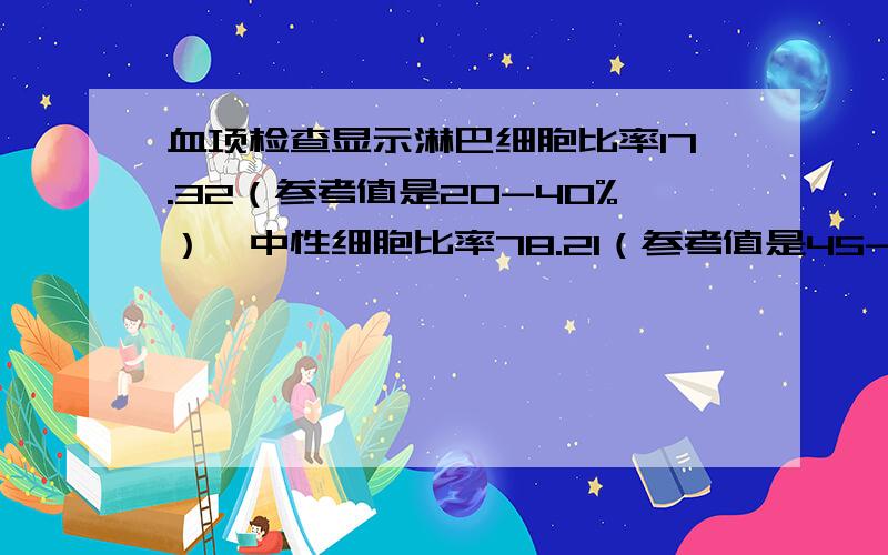 血项检查显示淋巴细胞比率17.32（参考值是20-40%）,中性细胞比率78.21（参考值是45-77%）,红细胞压积3