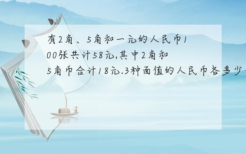 有2角、5角和一元的人民币100张共计58元,其中2角和5角币合计18元.3种面值的人民币各多少元