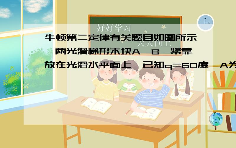 牛顿第二定律有关题目如图所示,两光滑梯形木块A、B,紧靠放在光滑水平面上,已知q=60度,A为2kg,B为1kg,现同时