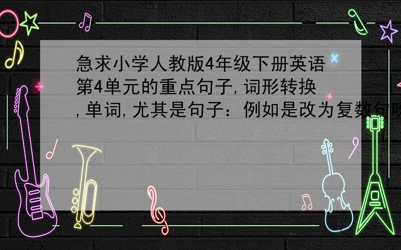 急求小学人教版4年级下册英语第4单元的重点句子,词形转换,单词,尤其是句子：例如是改为复数句呀什么的