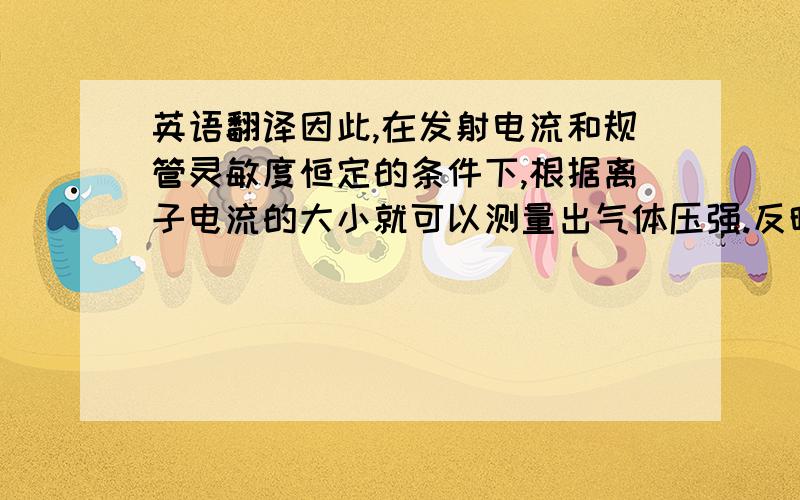 英语翻译因此,在发射电流和规管灵敏度恒定的条件下,根据离子电流的大小就可以测量出气体压强.反映气体压强高低即真空度高低的