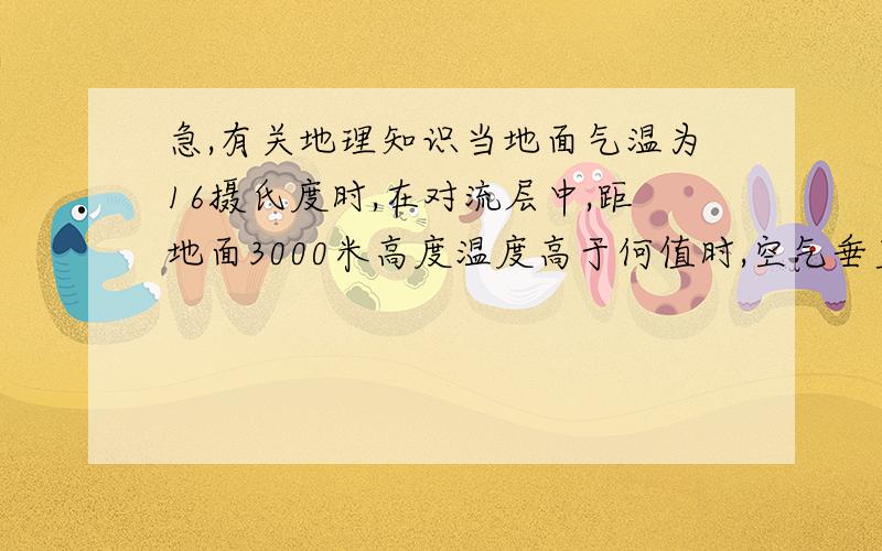 急,有关地理知识当地面气温为16摄氏度时,在对流层中,距地面3000米高度温度高于何值时,空气垂直运动受阻?A -5摄氏