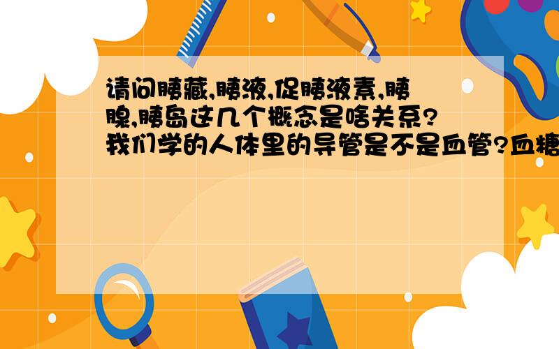 请问胰藏,胰液,促胰液素,胰腺,胰岛这几个概念是啥关系?我们学的人体里的导管是不是血管?血糖浓度一定高于胰岛素浓度吗?核