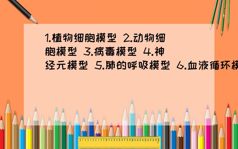 1.植物细胞模型 2.动物细胞模型 3.病毒模型 4.神经元模型 5.肺的呼吸模型 6.血液循环模型 7.尿的形成模型