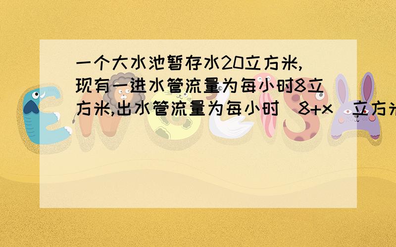 一个大水池暂存水20立方米,现有一进水管流量为每小时8立方米,出水管流量为每小时（8+x)立方米（x>0)