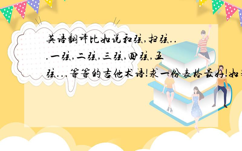 英语翻译比如说和弦,扫弦...一弦,二弦,三弦,四弦,五弦...等等的吉他术语!求一份表格最好!如果能提供和老外交流这些