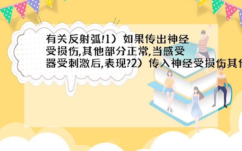 有关反射弧!1）如果传出神经受损伤,其他部分正常,当感受器受刺激后,表现?2）传入神经受损伤其他部分正常,则表现?3）下