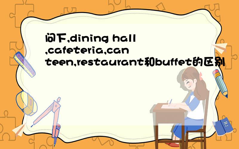 问下,dining hall,cafeteria,canteen,restaurant和buffet的区别