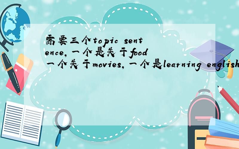 需要三个topic sentence,一个是关于food一个关于movies,一个是learning english