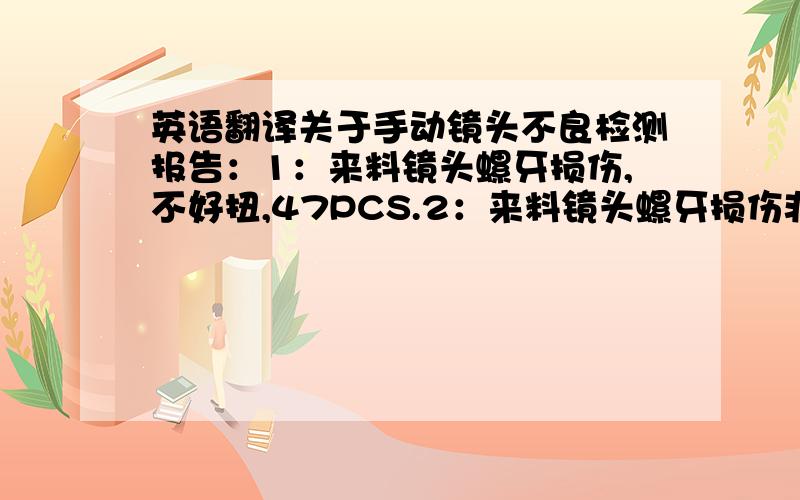 英语翻译关于手动镜头不良检测报告：1：来料镜头螺牙损伤,不好扭,47PCS.2：来料镜头螺牙损伤非常严重,2PCS.我方