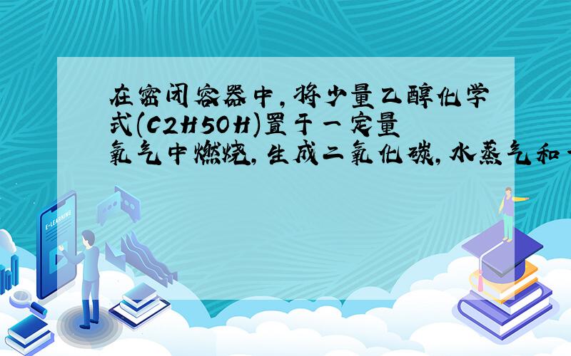 在密闭容器中,将少量乙醇化学式(C2H5OH)置于一定量氧气中燃烧,生成二氧化碳,水蒸气和一种未知物质W.现测得反应前后