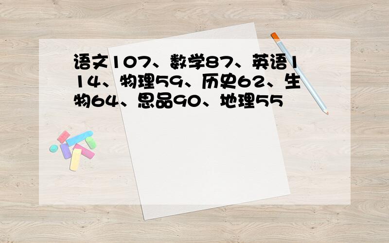 语文107、数学87、英语114、物理59、历史62、生物64、思品90、地理55