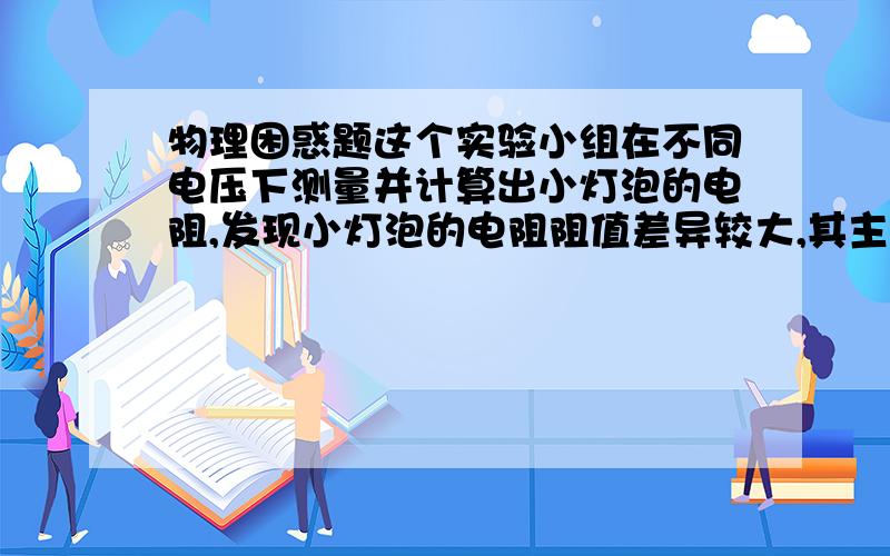 物理困惑题这个实验小组在不同电压下测量并计算出小灯泡的电阻,发现小灯泡的电阻阻值差异较大,其主要原因是   &