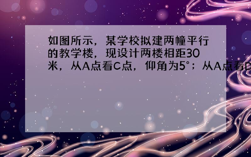 如图所示，某学校拟建两幢平行的教学楼，现设计两楼相距30米，从A点看C点，仰角为5°；从A点看D点，俯角为30°，解决下