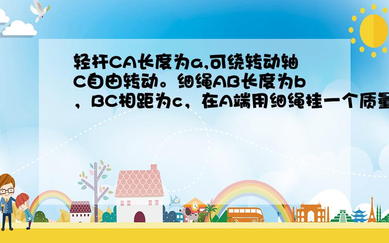 轻杆CA长度为a,可绕转动轴C自由转动。细绳AB长度为b，BC相距为c，在A端用细绳挂一个质量为m的物体。求细绳AB的拉