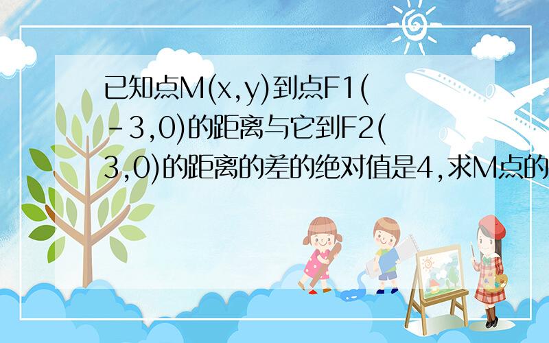 已知点M(x,y)到点F1(-3,0)的距离与它到F2(3,0)的距离的差的绝对值是4,求M点的轨迹