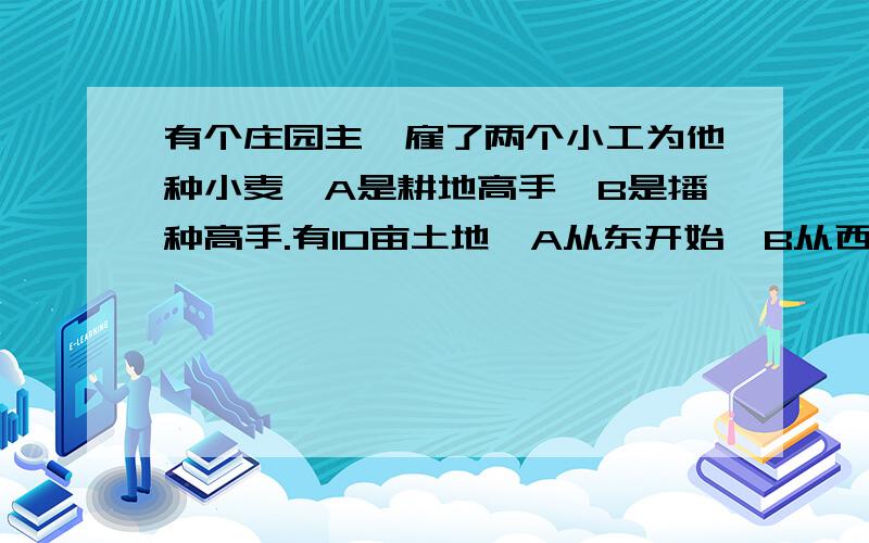 有个庄园主,雇了两个小工为他种小麦,A是耕地高手,B是播种高手.有10亩土地,A从东开始,B从西开始,A耕一亩地需要20