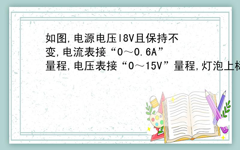 如图,电源电压l8V且保持不变,电流表接“0～0.6A”量程,电压表接“0～15V”量程,灯泡上标有“6V 3W”字样,