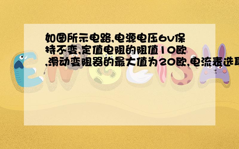 如图所示电路,电源电压6v保持不变,定值电阻的阻值10欧,滑动变阻器的最大值为20欧,电流表选取的量程为0-0.6A,电