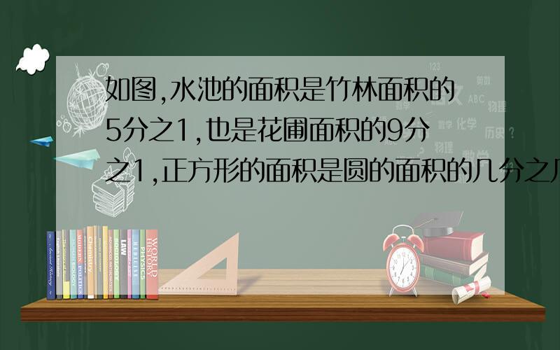 如图,水池的面积是竹林面积的5分之1,也是花圃面积的9分之1,正方形的面积是圆的面积的几分之几?