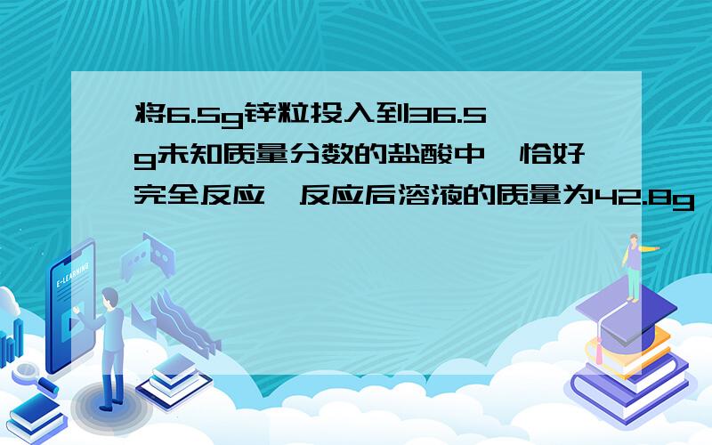 将6.5g锌粒投入到36.5g未知质量分数的盐酸中,恰好完全反应,反应后溶液的质量为42.8g,求这种稀盐酸的溶质质量分