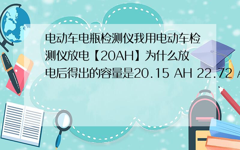 电动车电瓶检测仪我用电动车检测仪放电【20AH】为什么放电后得出的容量是20.15 AH 22.72 AH 22.73