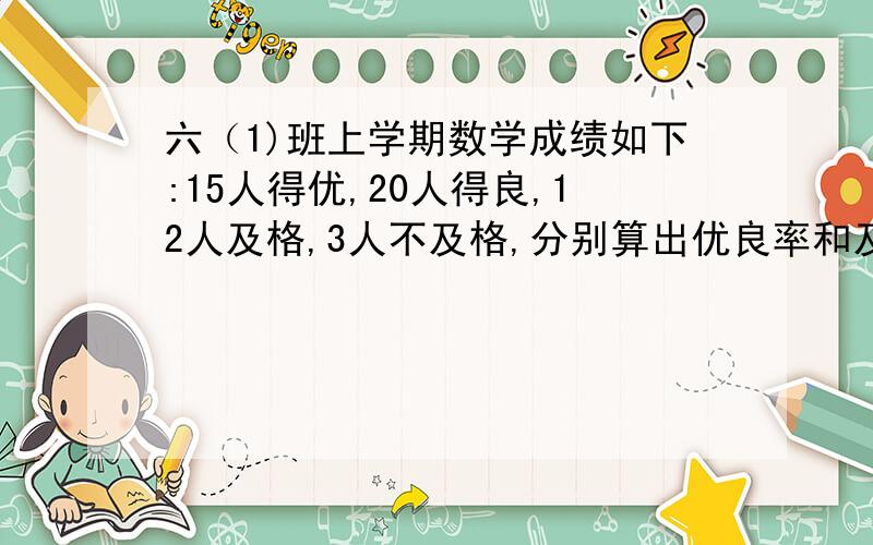 六（1)班上学期数学成绩如下:15人得优,20人得良,12人及格,3人不及格,分别算出优良率和及格率