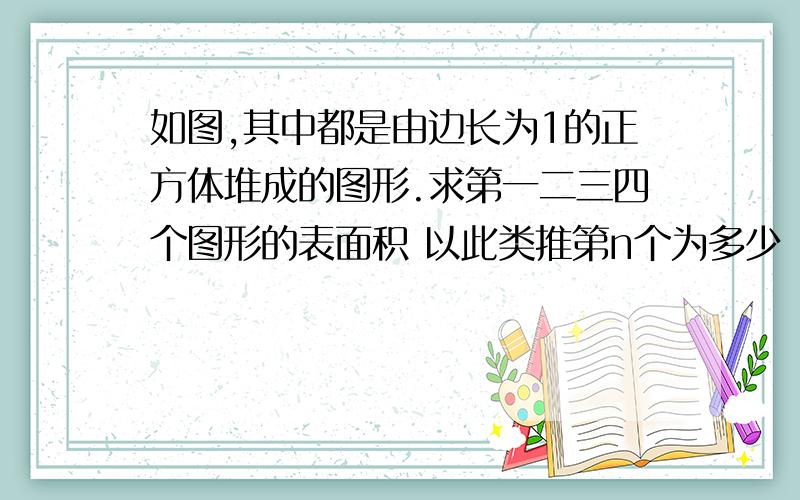 如图,其中都是由边长为1的正方体堆成的图形.求第一二三四个图形的表面积 以此类推第n个为多少