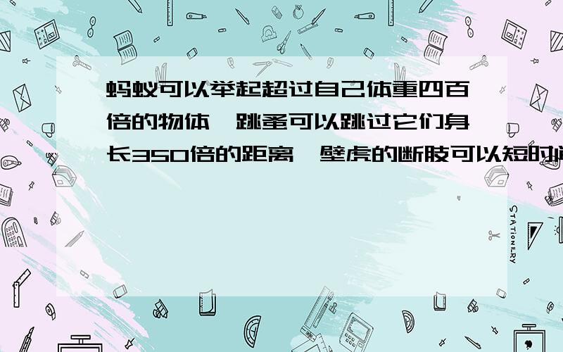 蚂蚁可以举起超过自己体重四百倍的物体,跳蚤可以跳过它们身长350倍的距离,壁虎的断肢可以短时间重新生长,鹰的视力可以看到