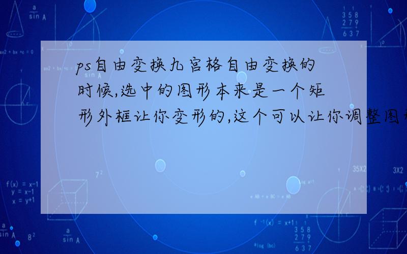 ps自由变换九宫格自由变换的时候,选中的图形本来是一个矩形外框让你变形的,这个可以让你调整图形大小宽扁,但是自由变换还有