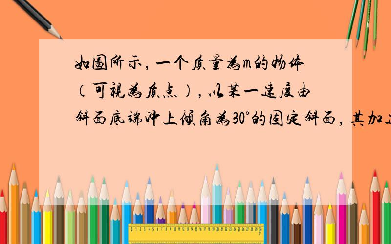 如图所示，一个质量为m的物体（可视为质点），以某一速度由斜面底端冲上倾角为30°的固定斜面，其加速度大小为g，在斜面上上