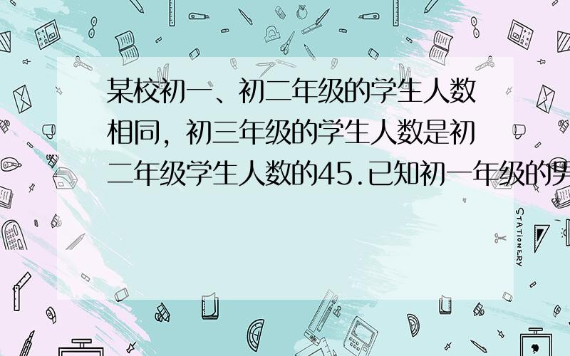 某校初一、初二年级的学生人数相同，初三年级的学生人数是初二年级学生人数的45.已知初一年级的男生人数与初二年级的女生人数