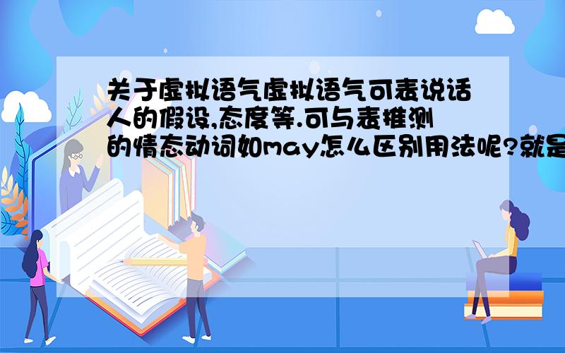 关于虚拟语气虚拟语气可表说话人的假设,态度等.可与表推测的情态动词如may怎么区别用法呢?就是说意义上差不多,如何区别使