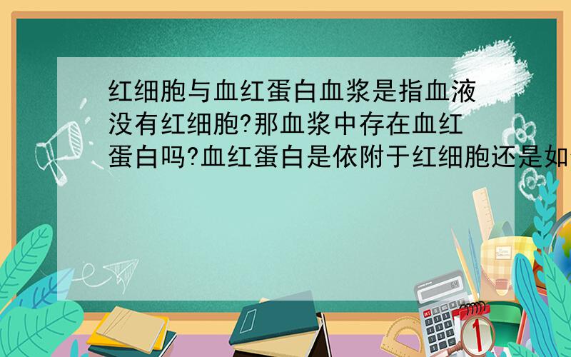 红细胞与血红蛋白血浆是指血液没有红细胞?那血浆中存在血红蛋白吗?血红蛋白是依附于红细胞还是如何?血红蛋白是由谁产生的?