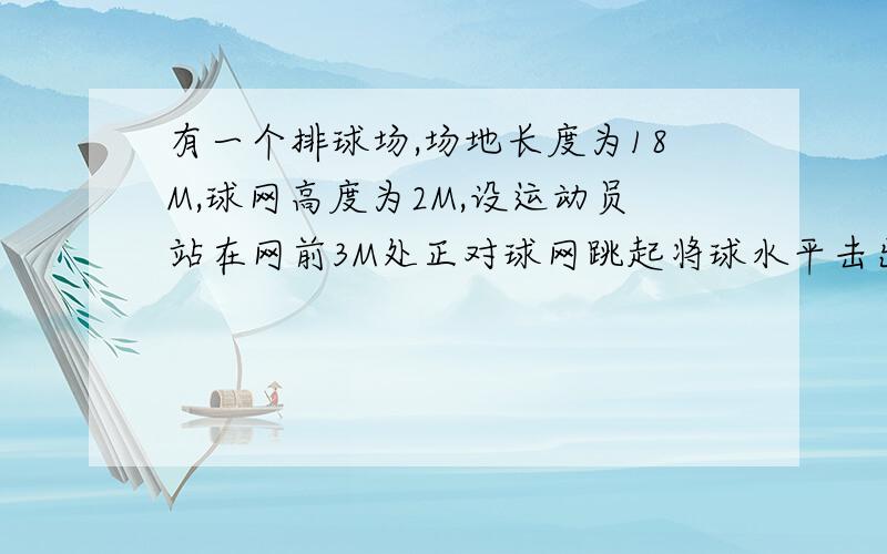 有一个排球场,场地长度为18M,球网高度为2M,设运动员站在网前3M处正对球网跳起将球水平击出