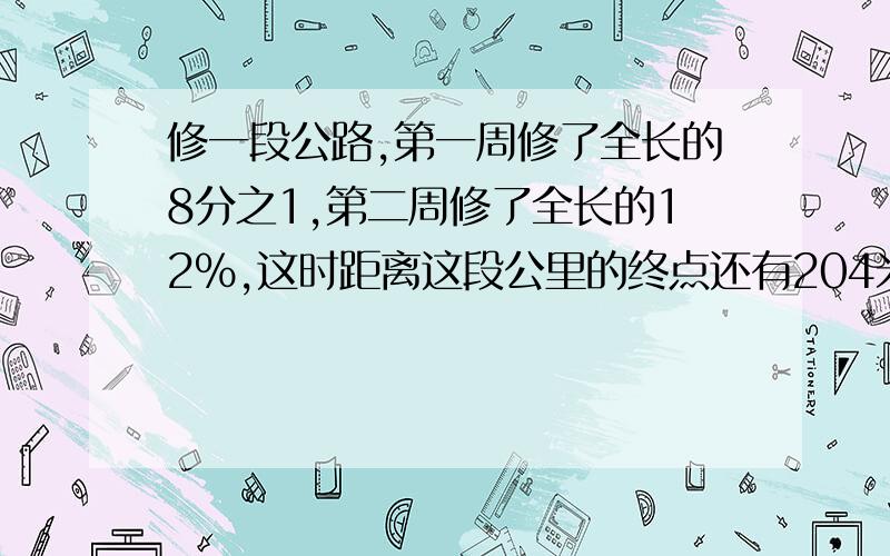 修一段公路,第一周修了全长的8分之1,第二周修了全长的12%,这时距离这段公里的终点还有204米,这段公路长?