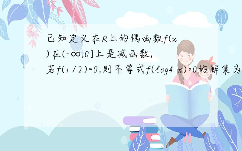 已知定义在R上的偶函数f(x)在(-∞,0]上是减函数,若f(1/2)=0,则不等式f(log4 x)>0的解集为