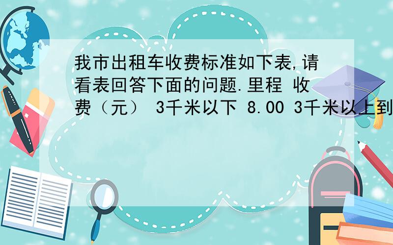 我市出租车收费标准如下表,请看表回答下面的问题.里程 收费（元） 3千米以下 8.00 3千米以上到8千米以下